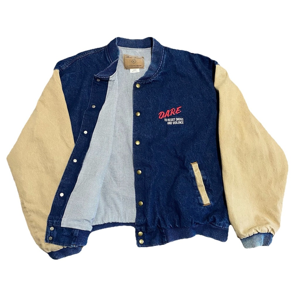 Vtg 90s DARE Resist Drugs Three Rivers Denim Bomber Jacket Snap Button USA XL‎